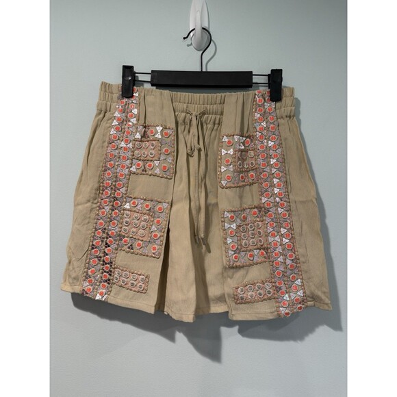 Anthropologie Skirt Women Small Tan Boho Elastic Waist Art to Wear Earthy Tribal - Picture 1 of 7
